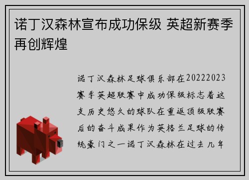 诺丁汉森林宣布成功保级 英超新赛季再创辉煌 诺丁汉森林宣布成功保级 英超新赛季再创辉煌