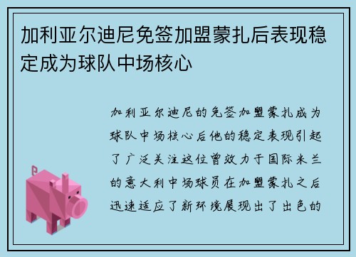 加利亚尔迪尼免签加盟蒙扎后表现稳定成为球队中场核心
