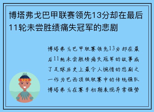 博塔弗戈巴甲联赛领先13分却在最后11轮未尝胜绩痛失冠军的悲剧